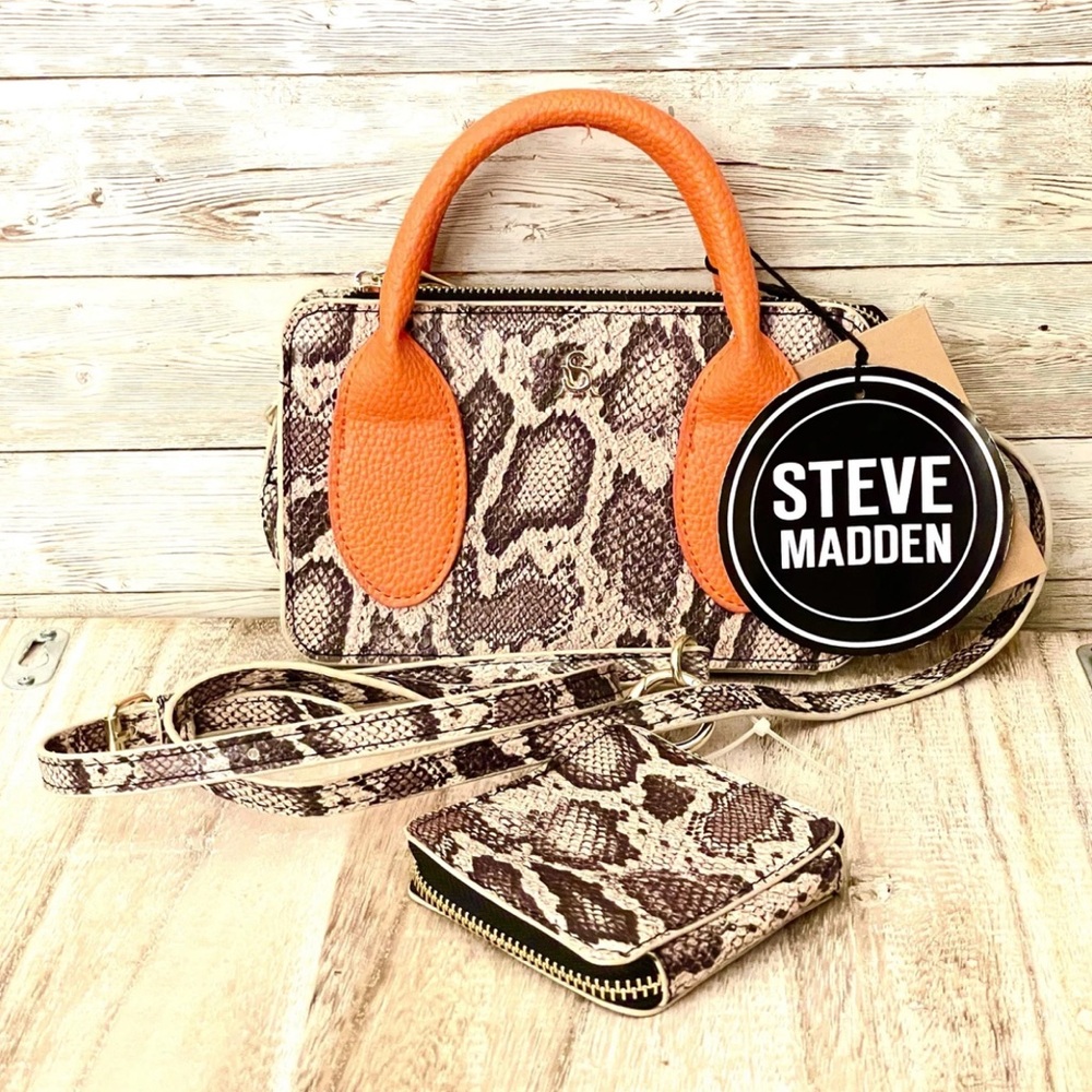 Steve Madden Brown Snake Print Bhenrik Satchel with Orange Handles 2 pieces